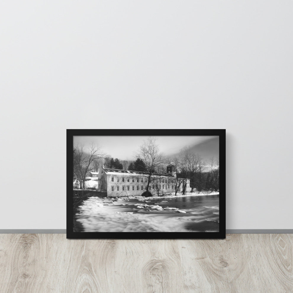 Winter at Powder Mill Rural Landscape Framed Photo Paper Wall Art Prints, Black, 12" X 18"