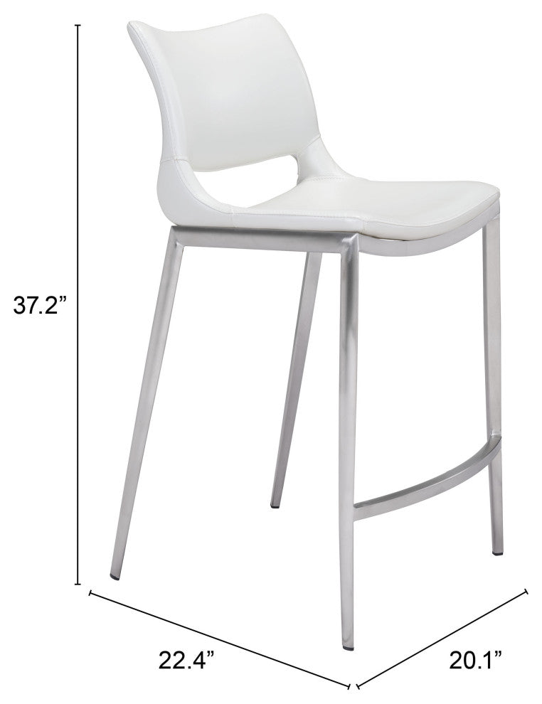 Counter Stool Chair, Set of 2, Faux Vinyl Leather, Steel, White, Silver, Cafe