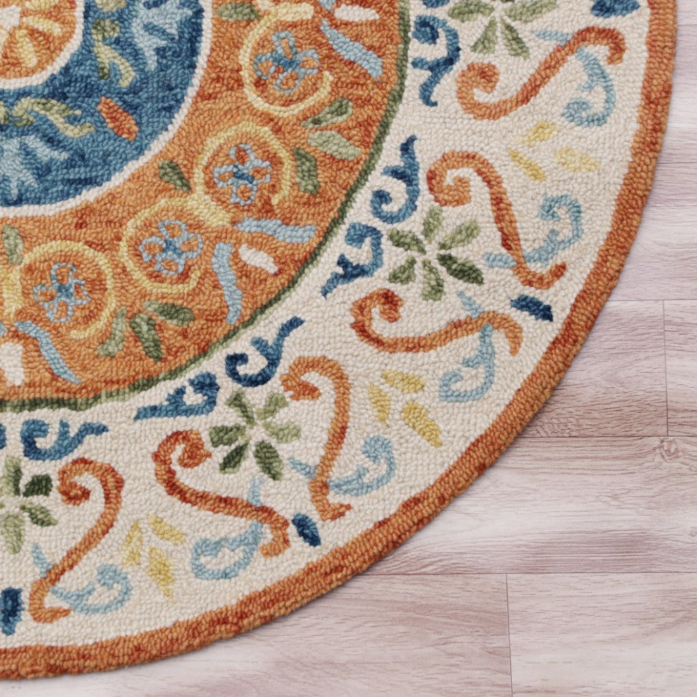 4" Round Orange Traditional Medallion Area Rug