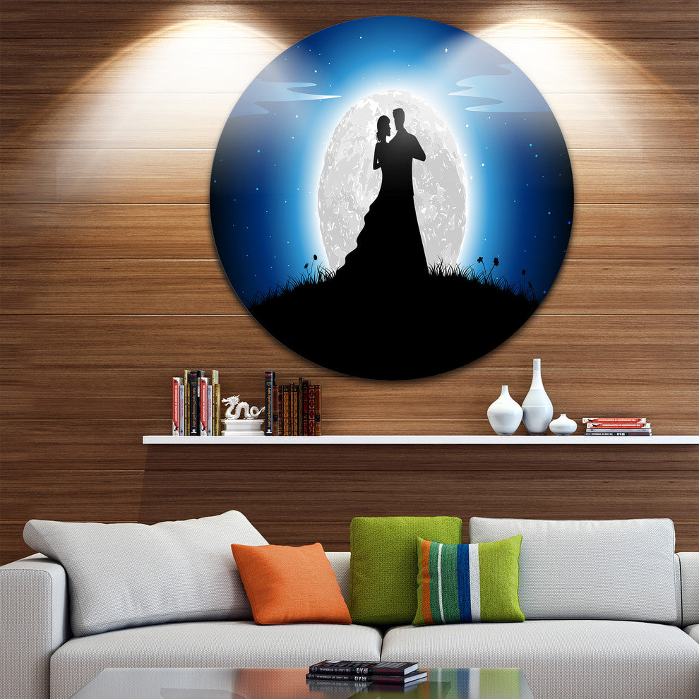 Couple Embrace In Night, Romance Art Round Metal Wall Art, 11"