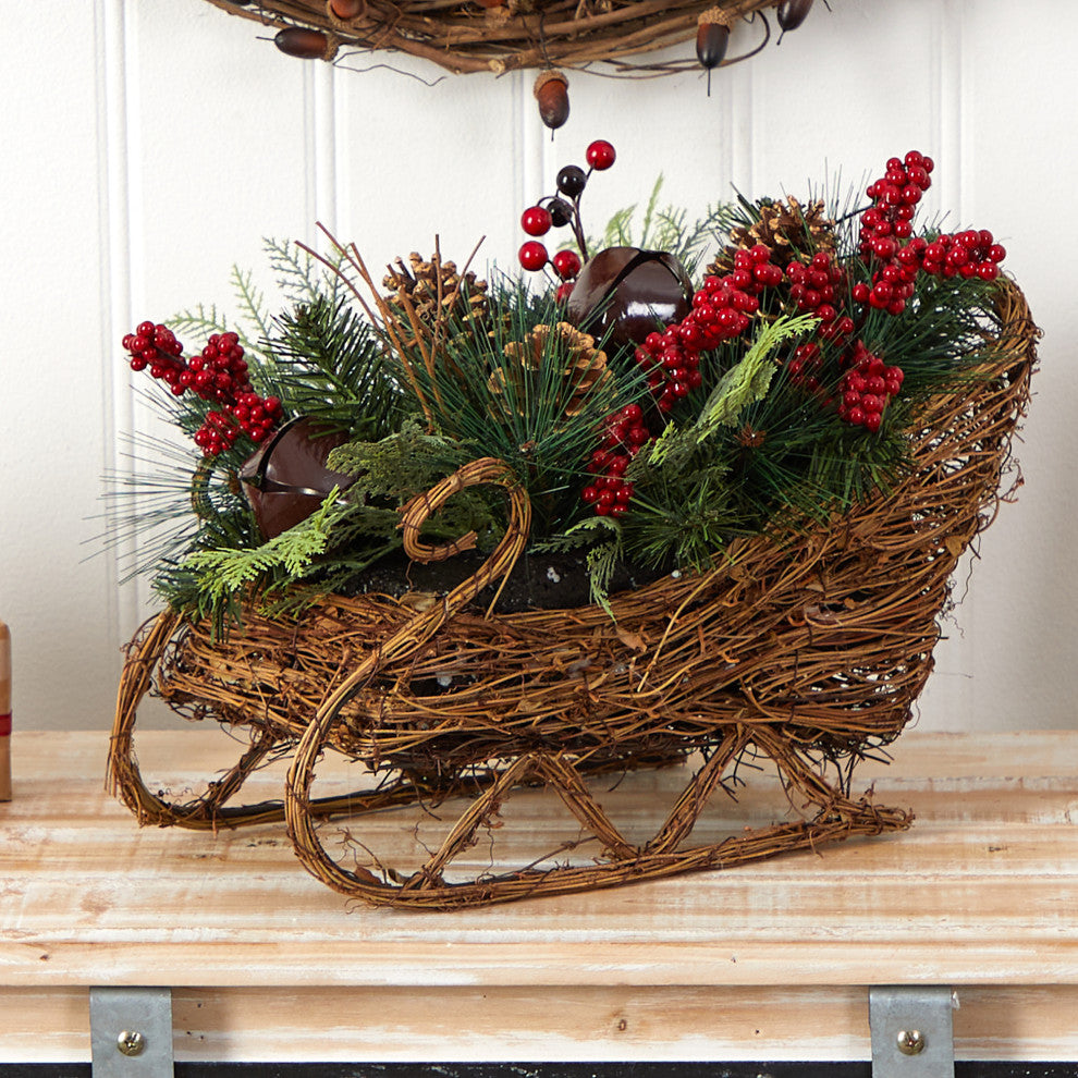 18" Christmas Sleigh With Pinecones & Berries Artificial Christmas Arrangement