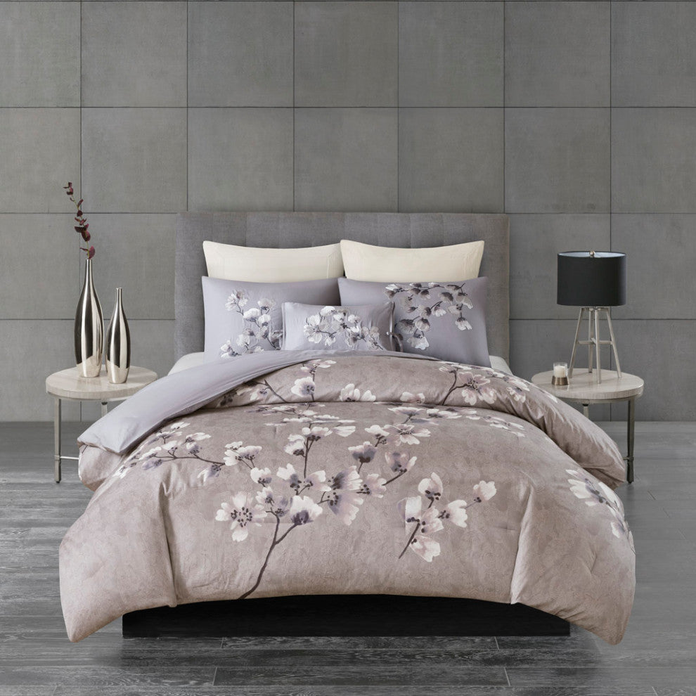 N Natori Sakura Blossom 3 Piece Cotton Sateen Printed Comforter Set, Lilac