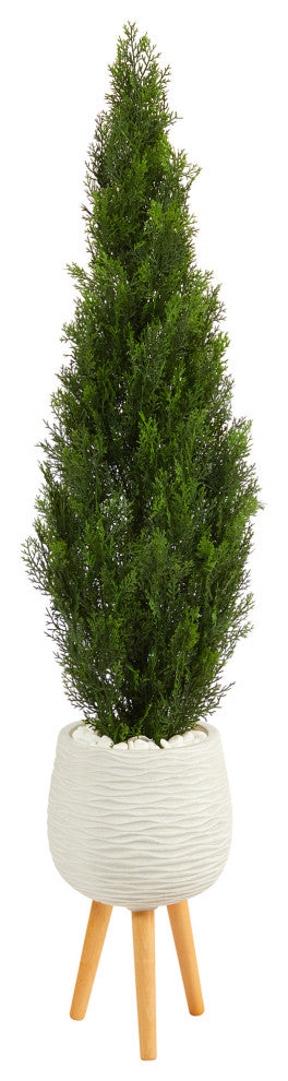 5' Cedar Artificial Tree, White Planter With Stand, Indoor/Outdoor