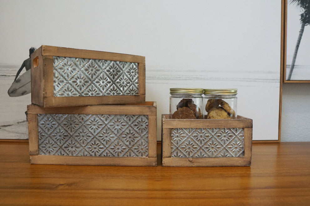 Wood Nesting Storage Crates with Decorative Front Panel, 3-Piece Set