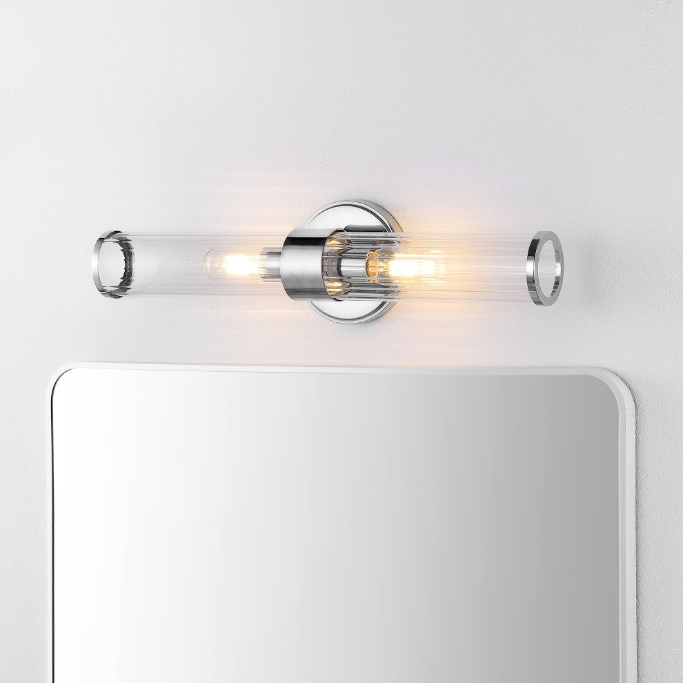 Cecil Tall Cylinder Iron/Striped Glass Modern LED Vanity, Chrome, 2-Light