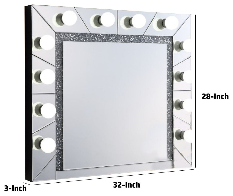 Benzara BM274651 Lighted Wall Mirror, 12 Bulb Sockets, Faux Diamond Trim, Silver