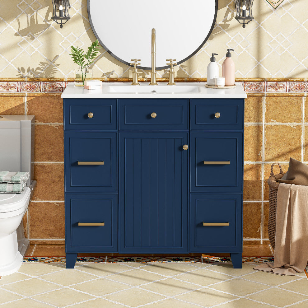 36 Inch Freestanding Bathroom Vanity with Ceramic Sink, Blue