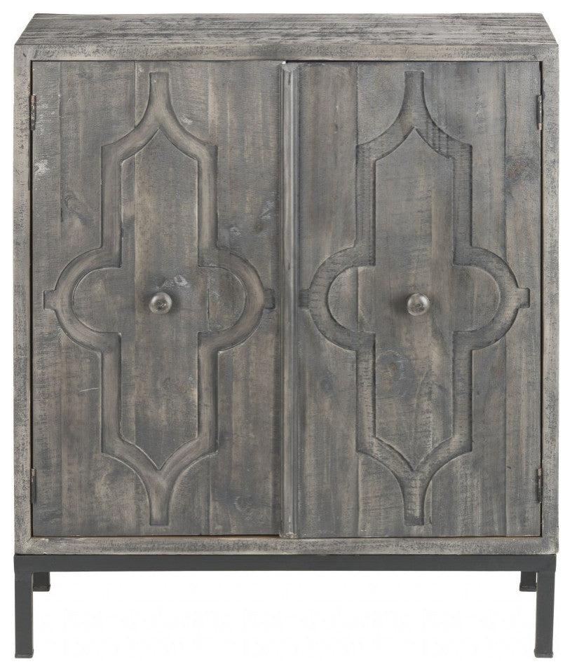 Rustic Gray Wash Scroll Wood Two Door Accent Cabinet