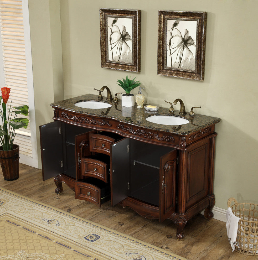 Cassandra 60" Dark Cherry Double Sink Bathroom Vanity, Baltic Brown Granite Top