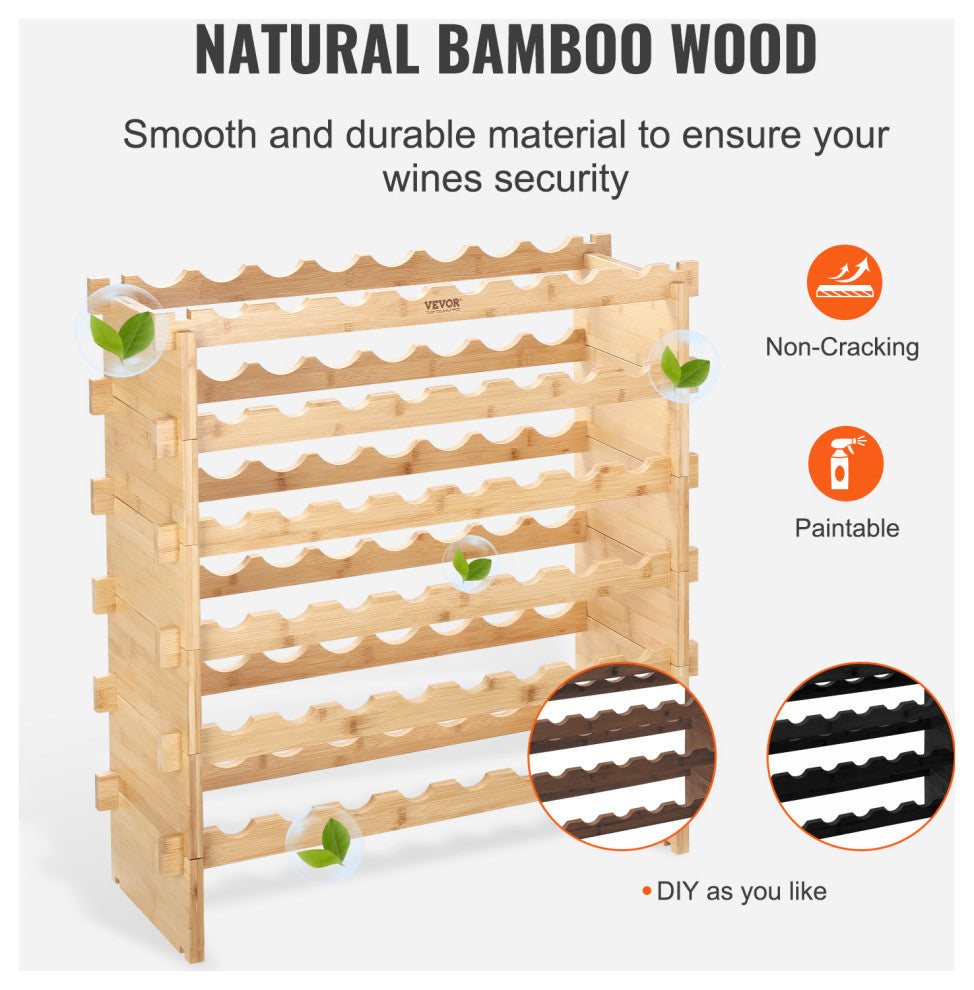 VEVOR Stackable Modular Wine Rack Bamboo Wood Display Shelf, 6 Tier, 48 Bottle