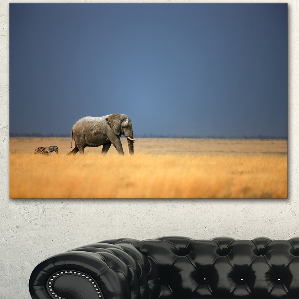 Elephant and Zebra Walking in Bush, African Canvas Art Print, 40"x30"