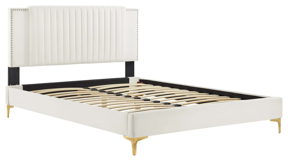 Zahra Channel Tufted Performance Velvet Queen Platform Bed, White