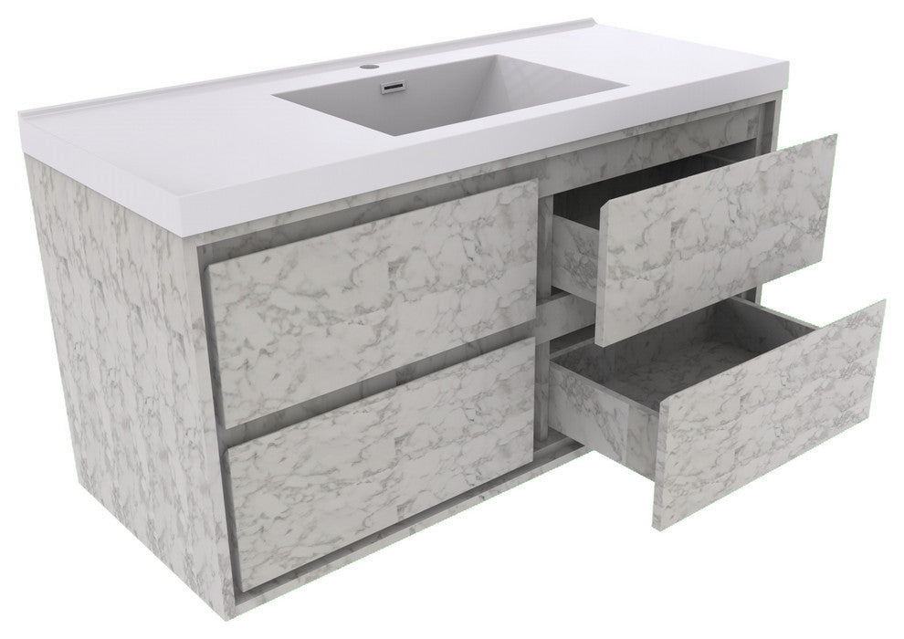 MOM 48" Wall Mounted Vanity With 4 Drawers and Acrylic Single Sink, Marble