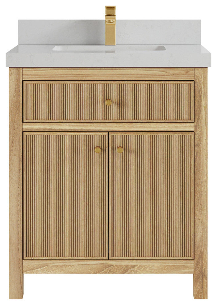 Sonoma 30 Single Sink Bath Vanity in Light Natural Teak with 2" Carrara Quartz