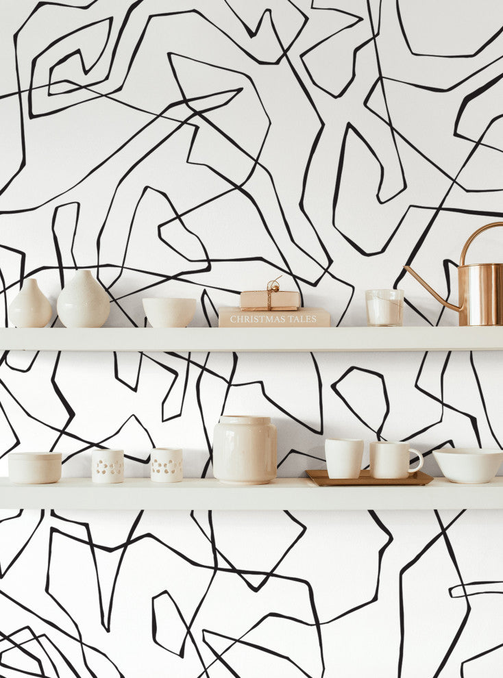 Entangled Lines Abstract Vinyl Peel and Stick Mural, Black, 24"x108", Single