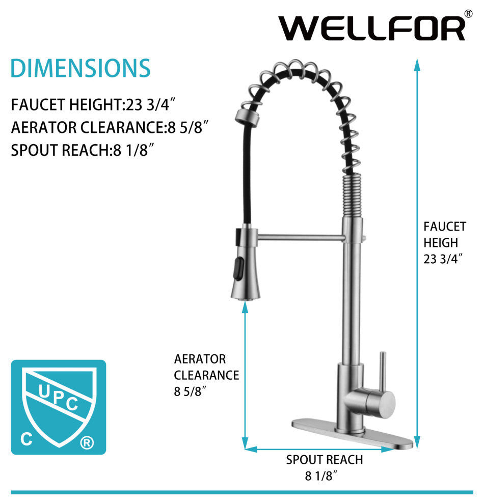 Wellfor Stainless Steel Pull Down Kitchen Faucet With Deck Plate, Brushed Nickel