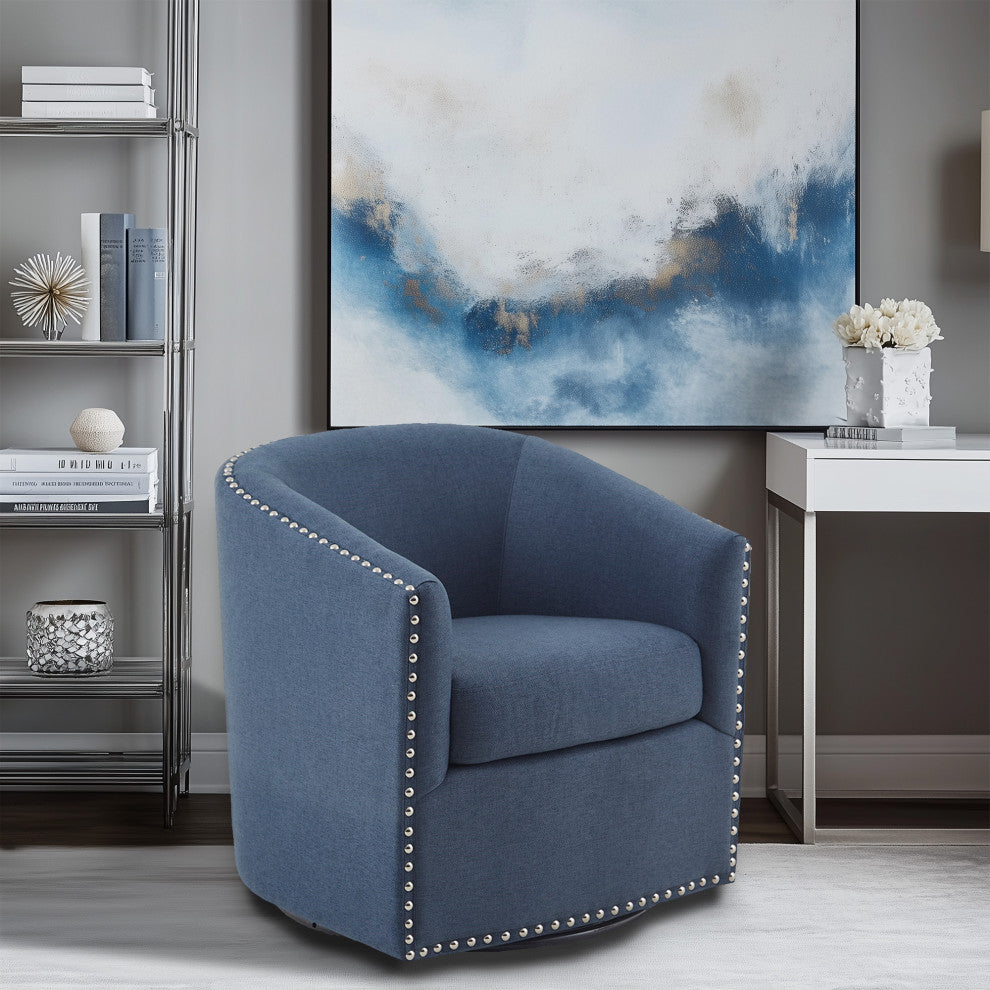 Madison Park Tyler Upholstered Swivel Barrel Chair with Nailheads, Blue