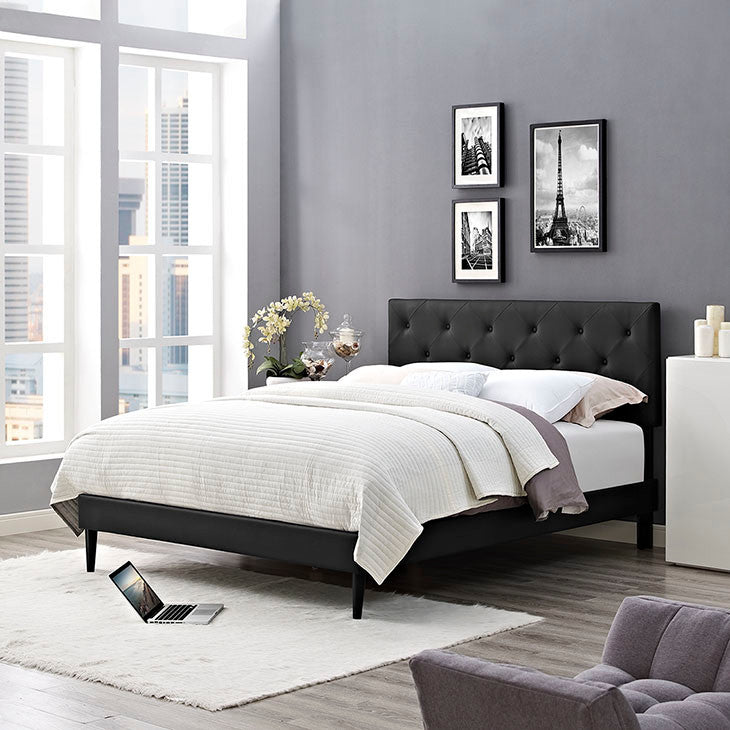 Terisa Full Vinyl Platform Bed With Round Tapered Legs, Black