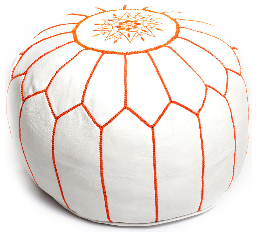 Moroccan Leather Pouf, White With Orange Stitching