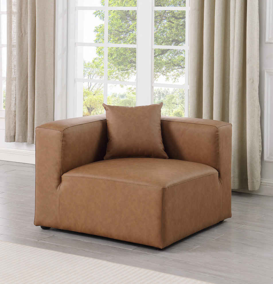 Cube Upholstered Modular Component, Brown, Vegan Leather, Corner Chair