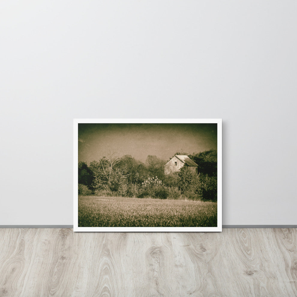Abandoned Barn In The Trees Vintage Framed Photo Paper Wall Art Prints, White, 18" X 24"