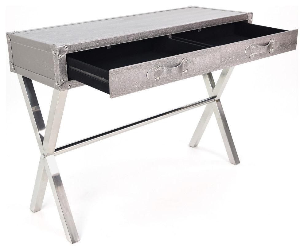 Silver Lizard Leather Console Table With Stainless Steel Legs