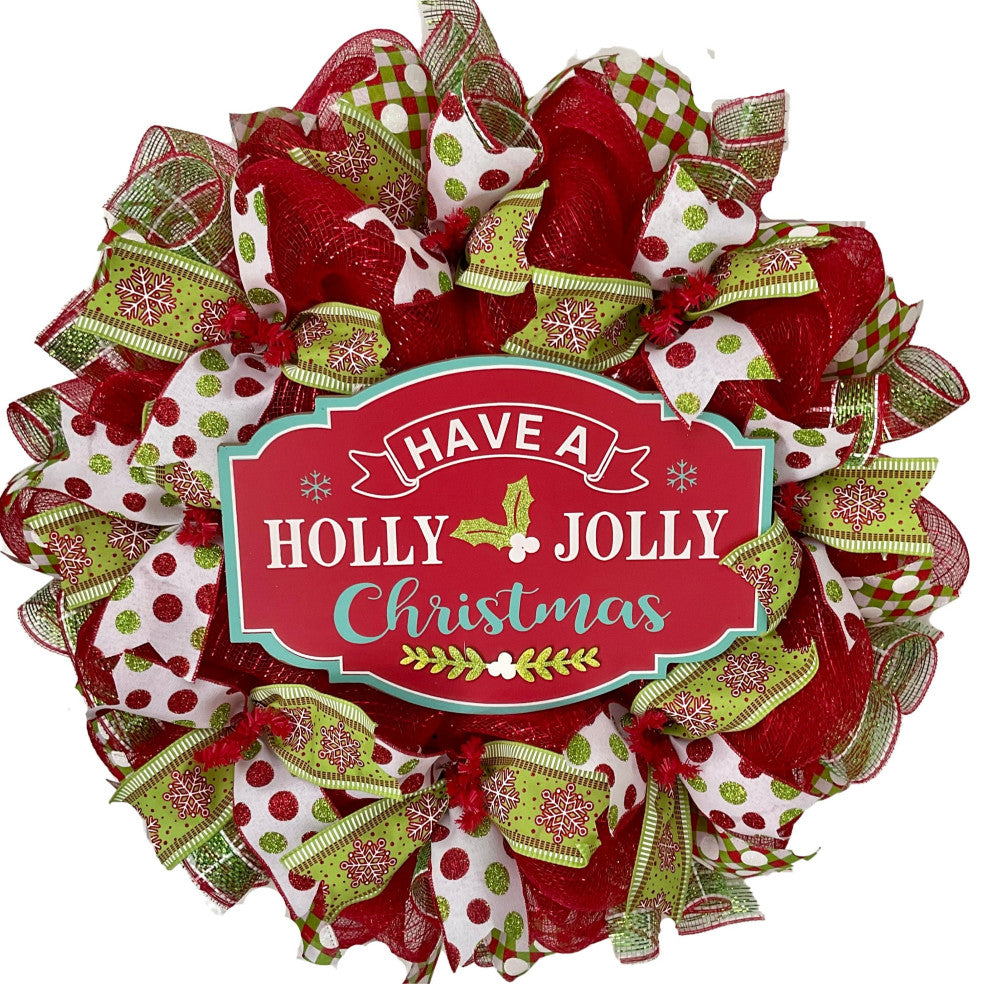 Have a Holly Jolly Christmas Handmade Deco Mesh Wreath