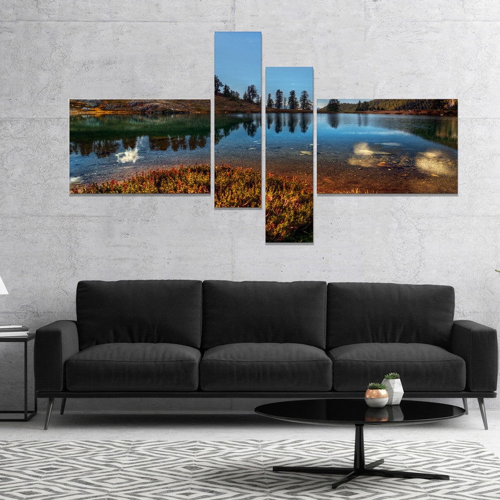 Calm Mountain Lake and Clear Sky, Landscape Canvas Art Print, 60"x32", 4 panels