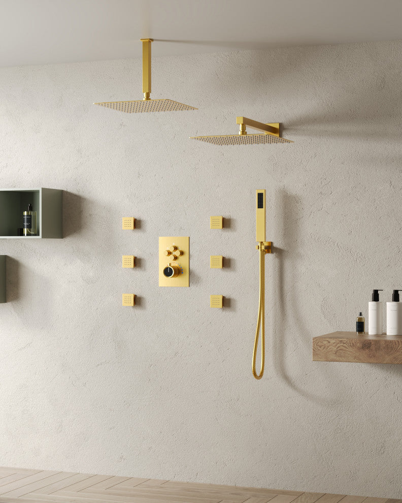 Thermostatic Shower System 12" Dual Shower Heads with Body Jet, Brushed Gold