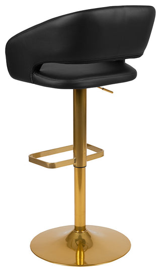 Black Vinyl Adjustable Barstool with Rounded Mid-Back and Gold Base