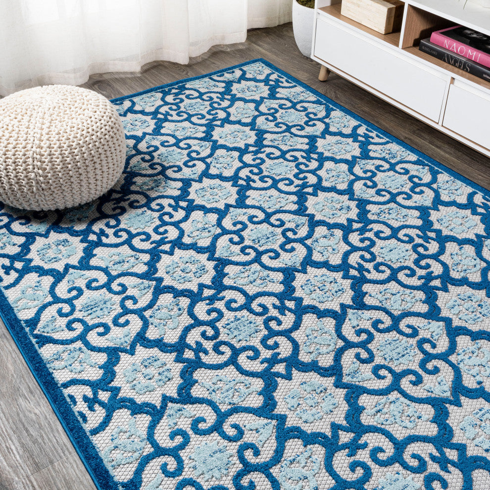 Gallia Tile Trellis Indoor/Outdoor Area Rug, Light Gray/Blue, 3'x5'