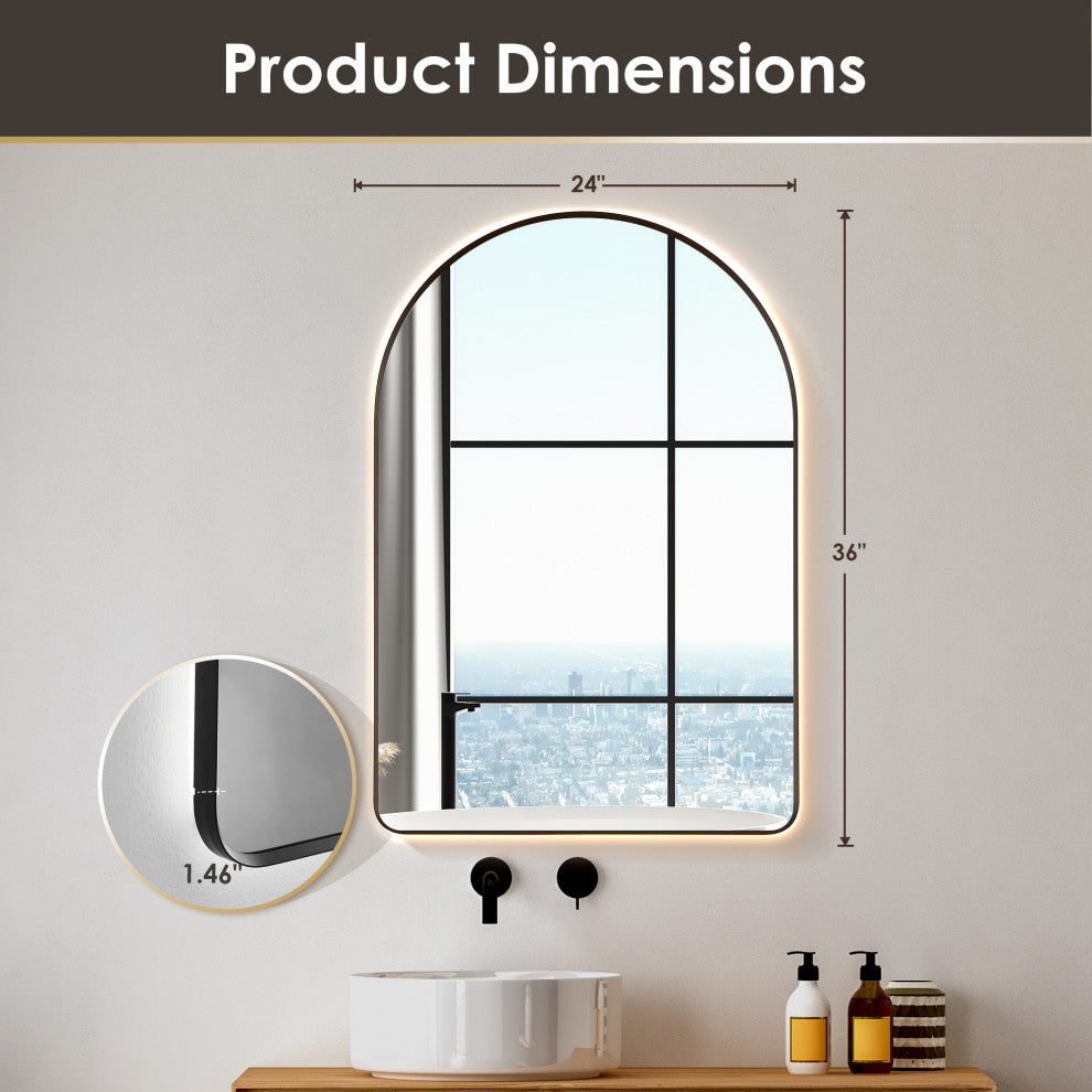 Starlit Domed Bathroom/Vanity LED Wall Mirror, Matte Black, 24"