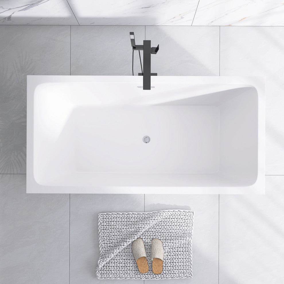 59 in. Acrylic Rectangular Flatbottom Freestanding Soaking Bathtub in White
