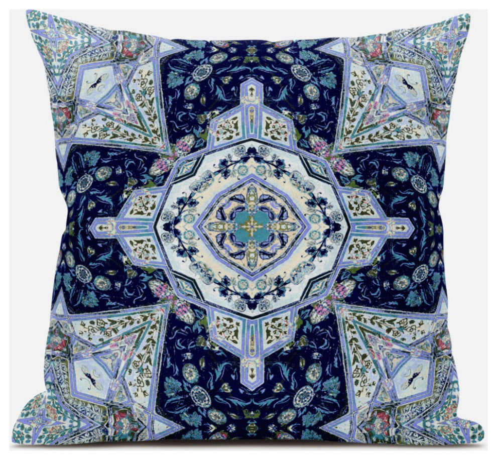 16" Indigo Blue Boho Floral Geo Suede Throw Pillow
