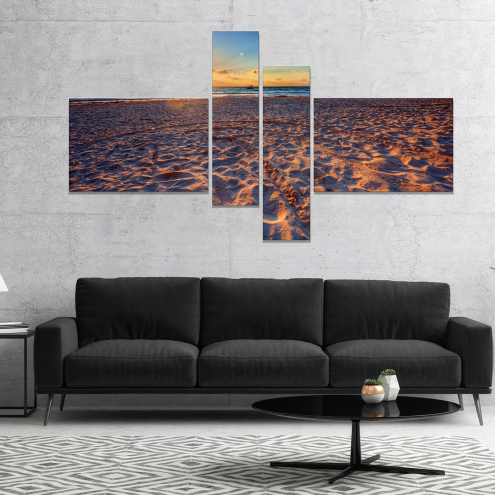 Trodden Sandy Beach at Sunset, Seashore Canvas Art Print, 60"x32", 4 panels