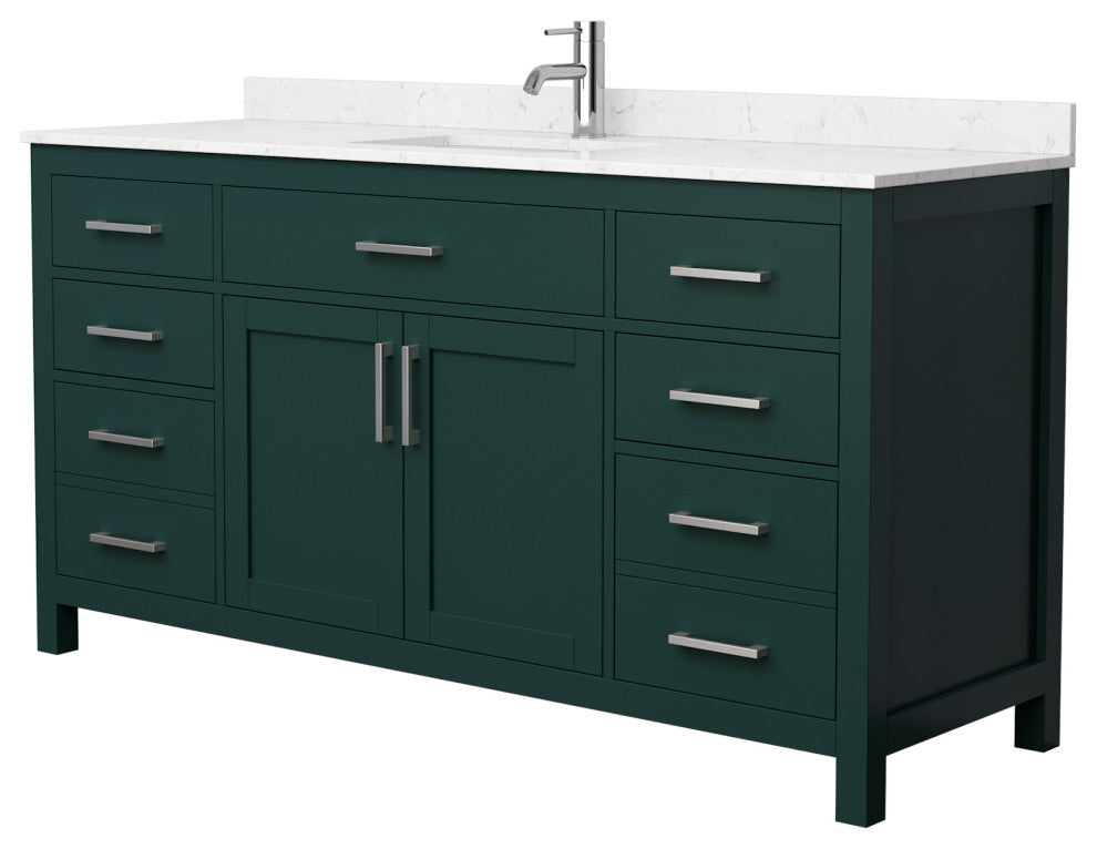 66"SGL Bathroom Vanity Green, Carrara Cult. Marble Countertop, Sink, Nickel Trim
