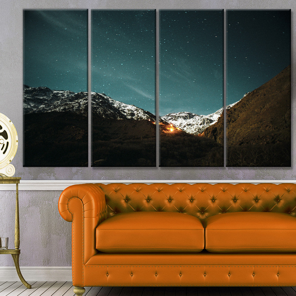 Fire in Rugged Mountains, Landscape Canvas Art Print, 48"x28", 4 Panels