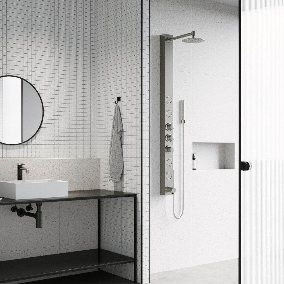 Bowery 58" H x 4" W 4-Jet Shower Panel with Round Shower Head and Tub Filler, Stainless
