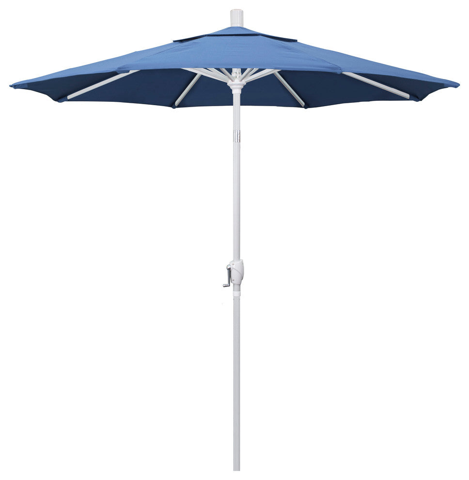 7.5' Matted White Push-Button Tilt Crank Aluminum Umbrella, Frost Blue Olefin