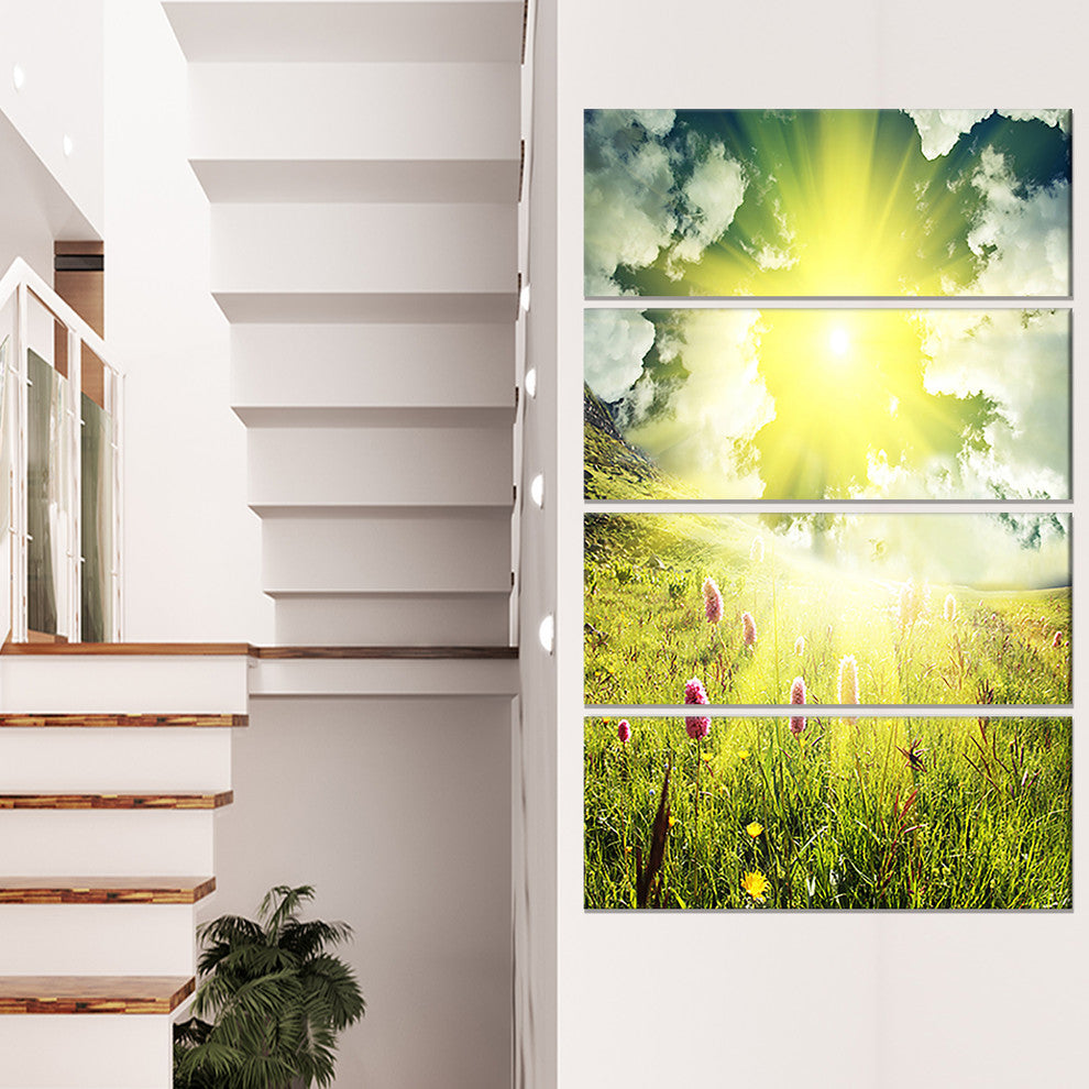 Mountains Pasture under Bright Sunset, Landscape Canvas Art, 28"x48", 4 Panels