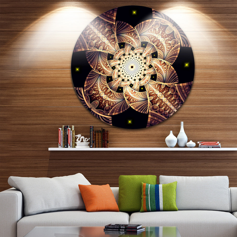 Symmetrical Yellow Brown Fractal Flower, Floral Disc Metal Artwork, 36"
