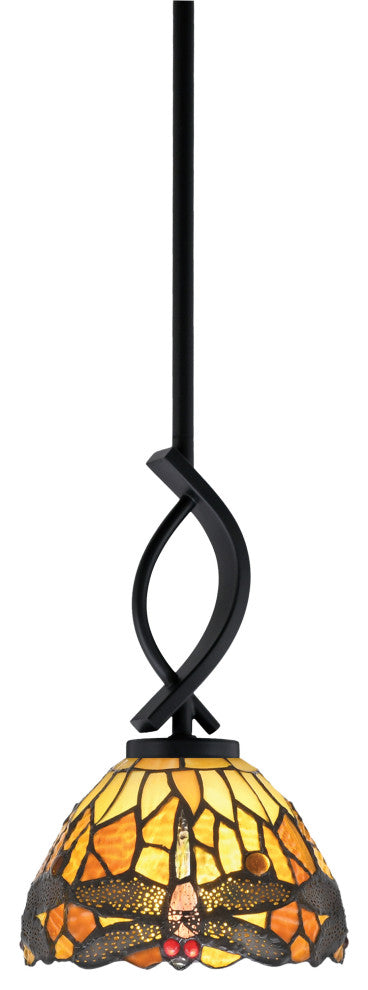 Cavella Stem Mini Pendant, Matte Black Finish, 7" Amber Dragonfly Art Glass