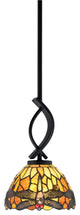 Cavella Stem Mini Pendant, Matte Black Finish, 7" Amber Dragonfly Art Glass