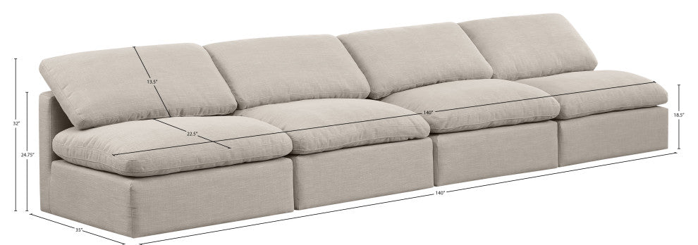 Indulge Upholstered Modular Sofa, Beige, 4-Piece: 4 Armless Chair, Down Stuffed Linen Textured Fabric