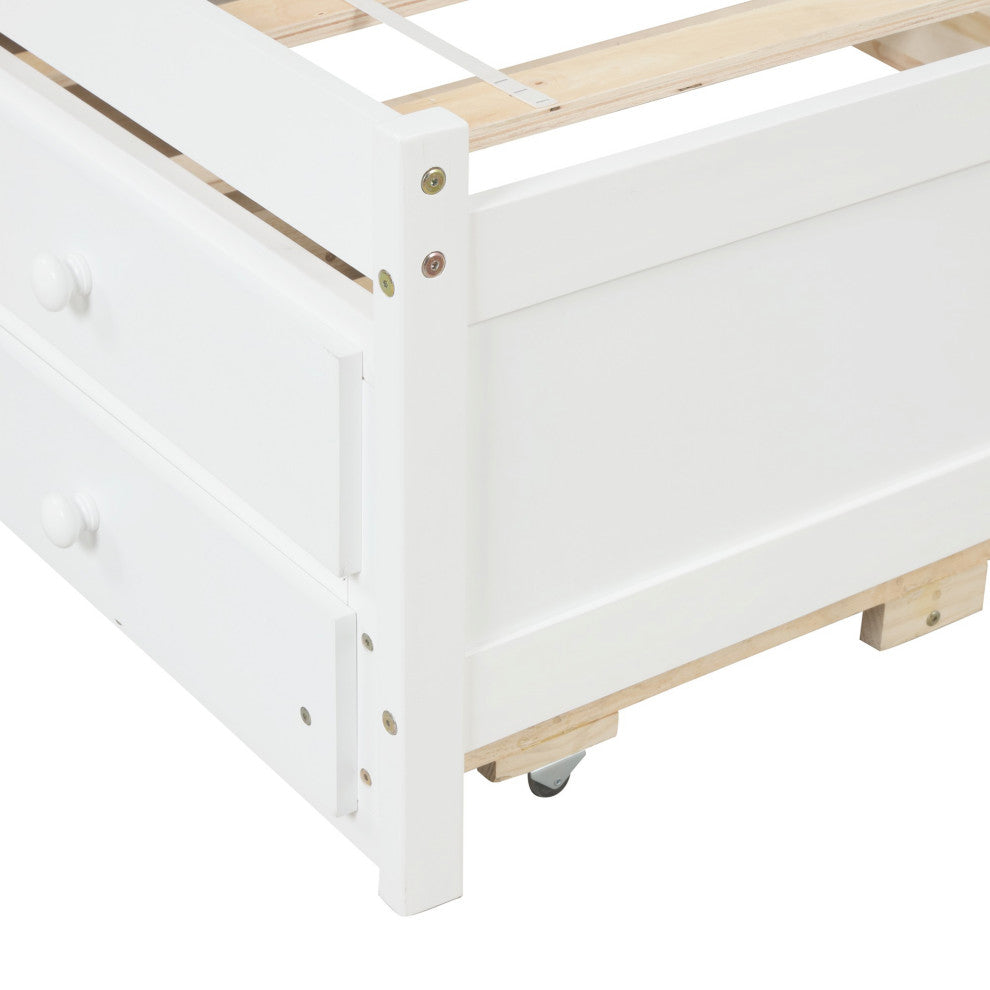 Full/Twin Wood Frame Platform Bed with Trundle and Drawers, White, Full