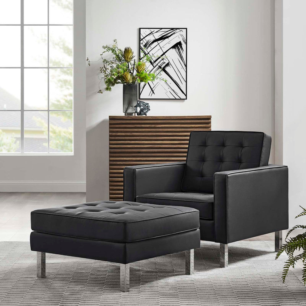 Loft Tufted Vegan Leather Armchair and Ottoman Set, Silver Black