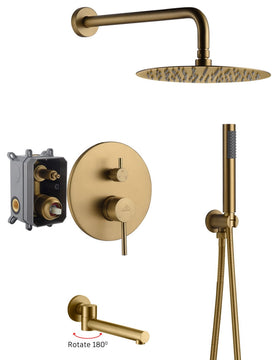 CASAINC 10" Round Wall Mounted Shower System Set Handheld Spray & Bathtub Spout, Brushed Gold