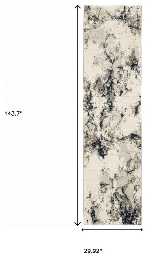 12' Runner Grey Black and Ivory Abstract Power Loom Runner Rug