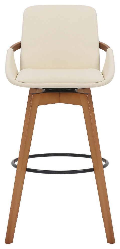 30" Luxurious Cream Faux Leather and Walnut Swivel Bar Stool