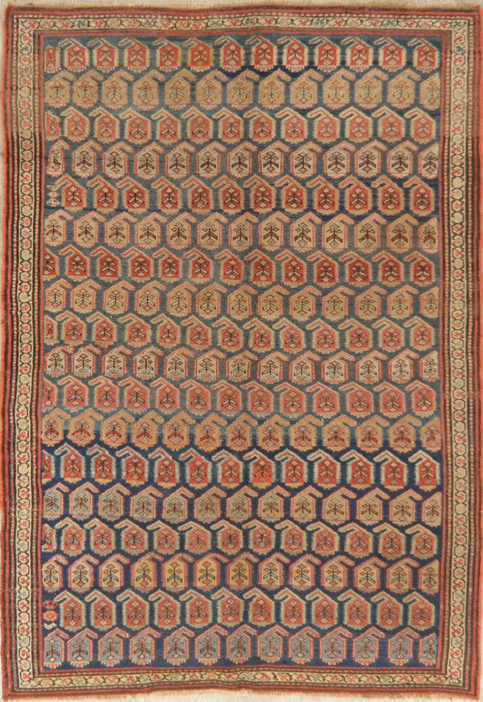 Consigned, Antique Vegetable Dye Handmade Geometric Oriental Area Rug, Blue, 5X7